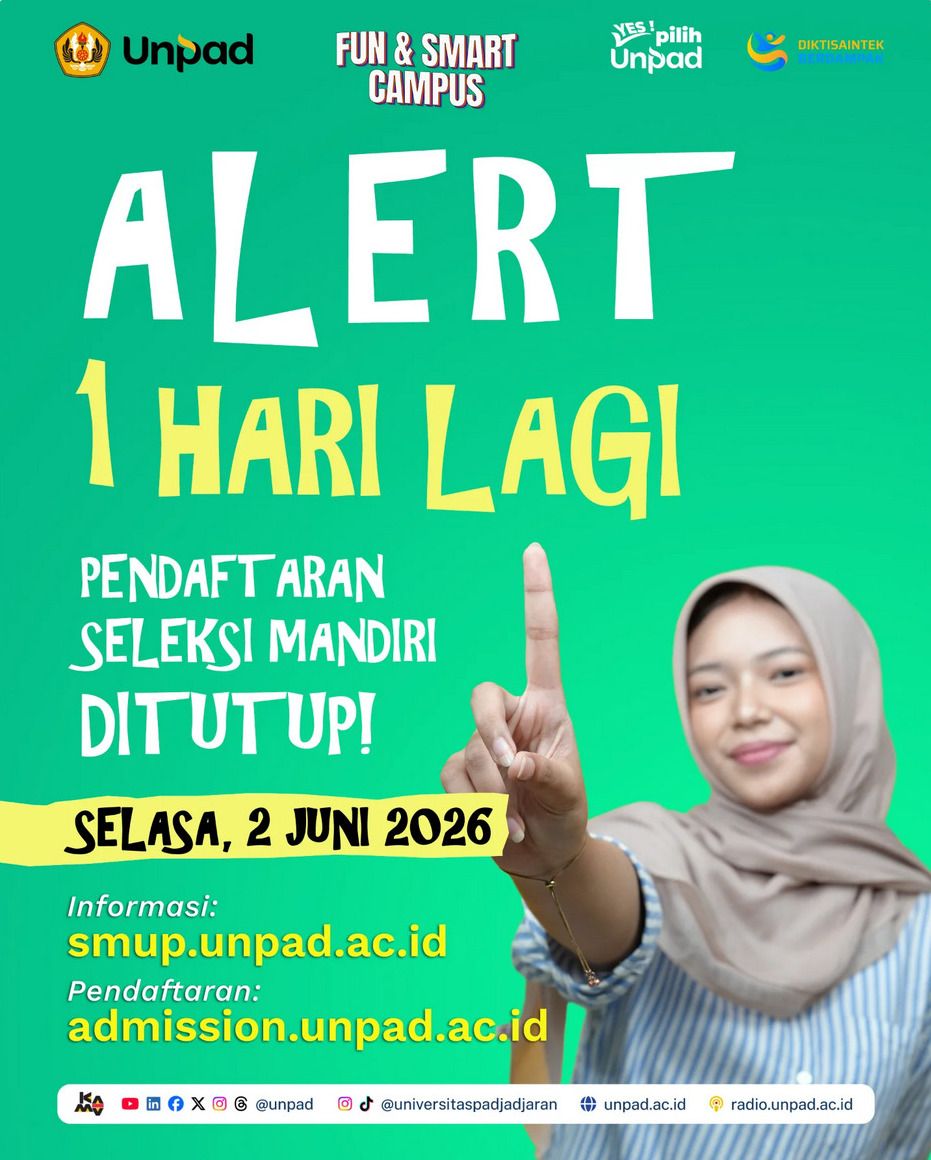 Pengumuman batas akhir pendaftaran Seleksi Mandiri Universitas Padjadjaran atau SMUP 2026 yang ditutup pada 2 Juni 2026. Pengumuman batas akhir pendaftaran Seleksi Mandiri Universitas Padjadjaran atau SMUP 2026 yang ditutup pada 2 Juni 2026.