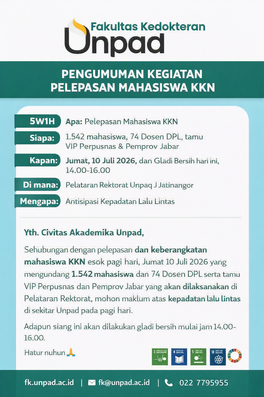 Infografis pemberangkatan mahasiswa KKN Universitas Padjadjaran Periode Juli 2026 yang dilaksanakan di Pelataran Rektorat Unpad-1